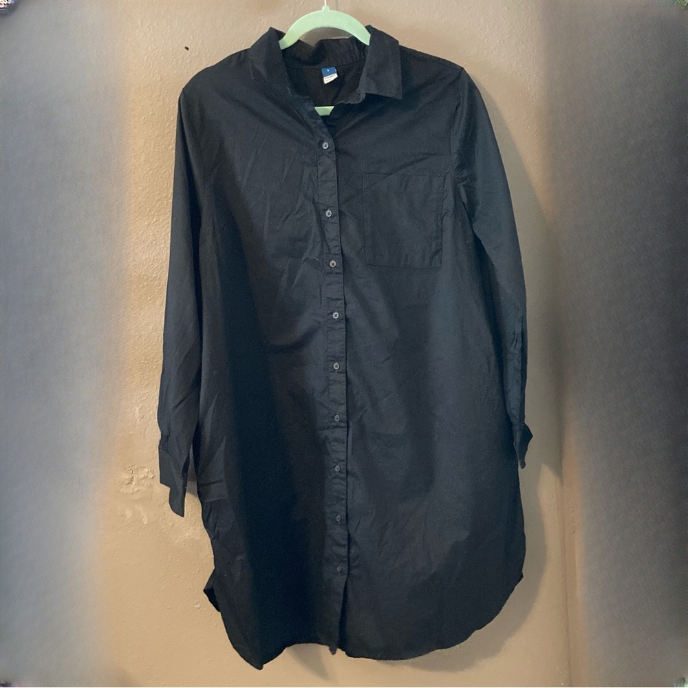 Old Navy Black Long-Sleeve Button Shirt Dress